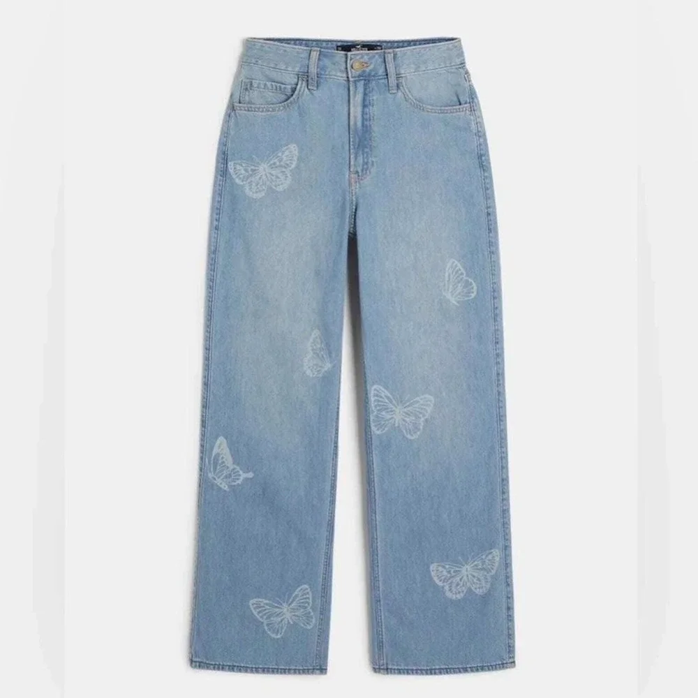 Hollister Ultra High-Rise Dad Jeans Light Wash Butterfly Print 0R Y2K - Picture 3 of 9